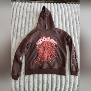 Sp5der Brown Red Pink Hoodie with Spider Web Design Size Small